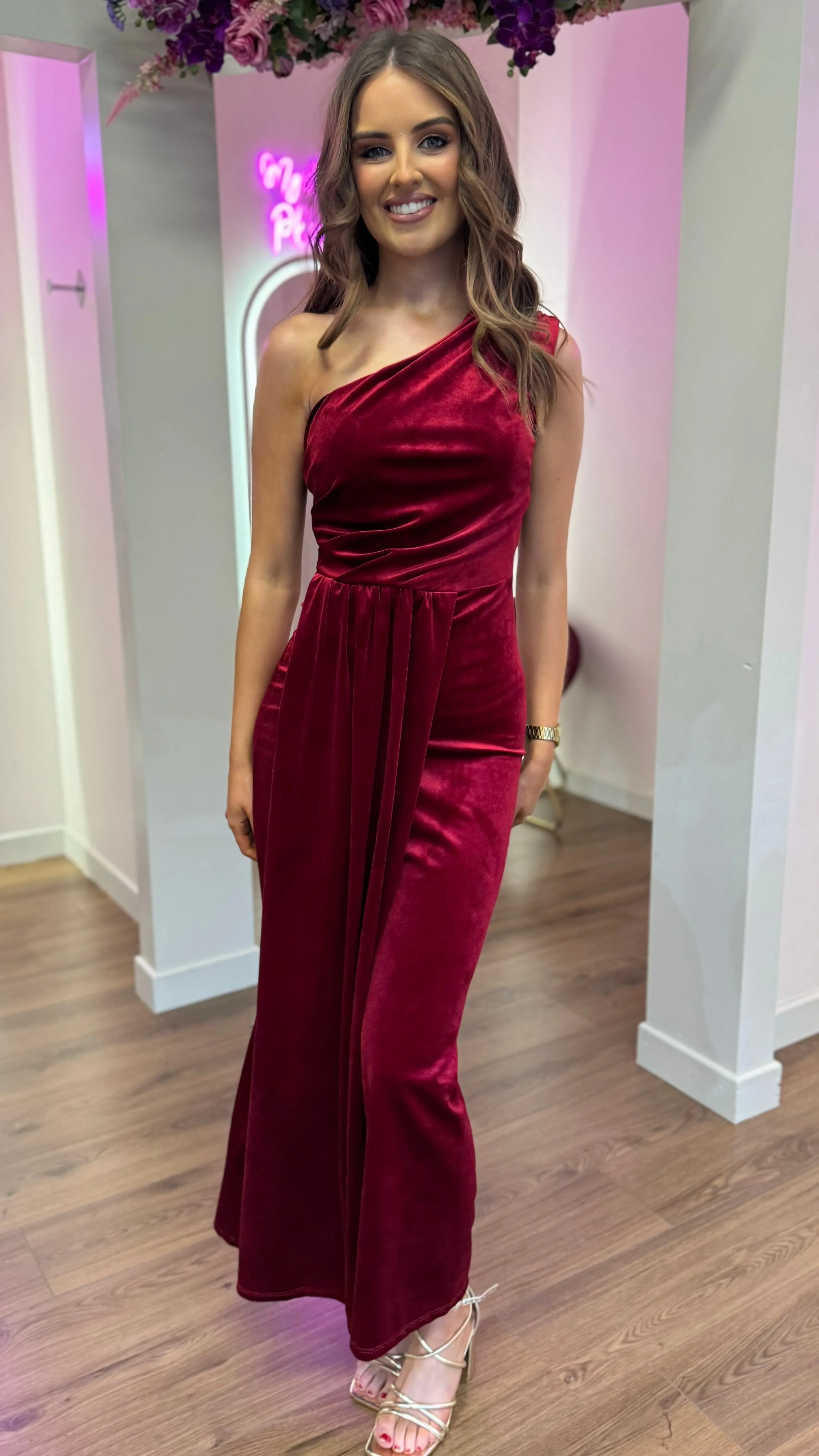 Isabella Dark Red One Shoulder Velvet Finish Midi Dress