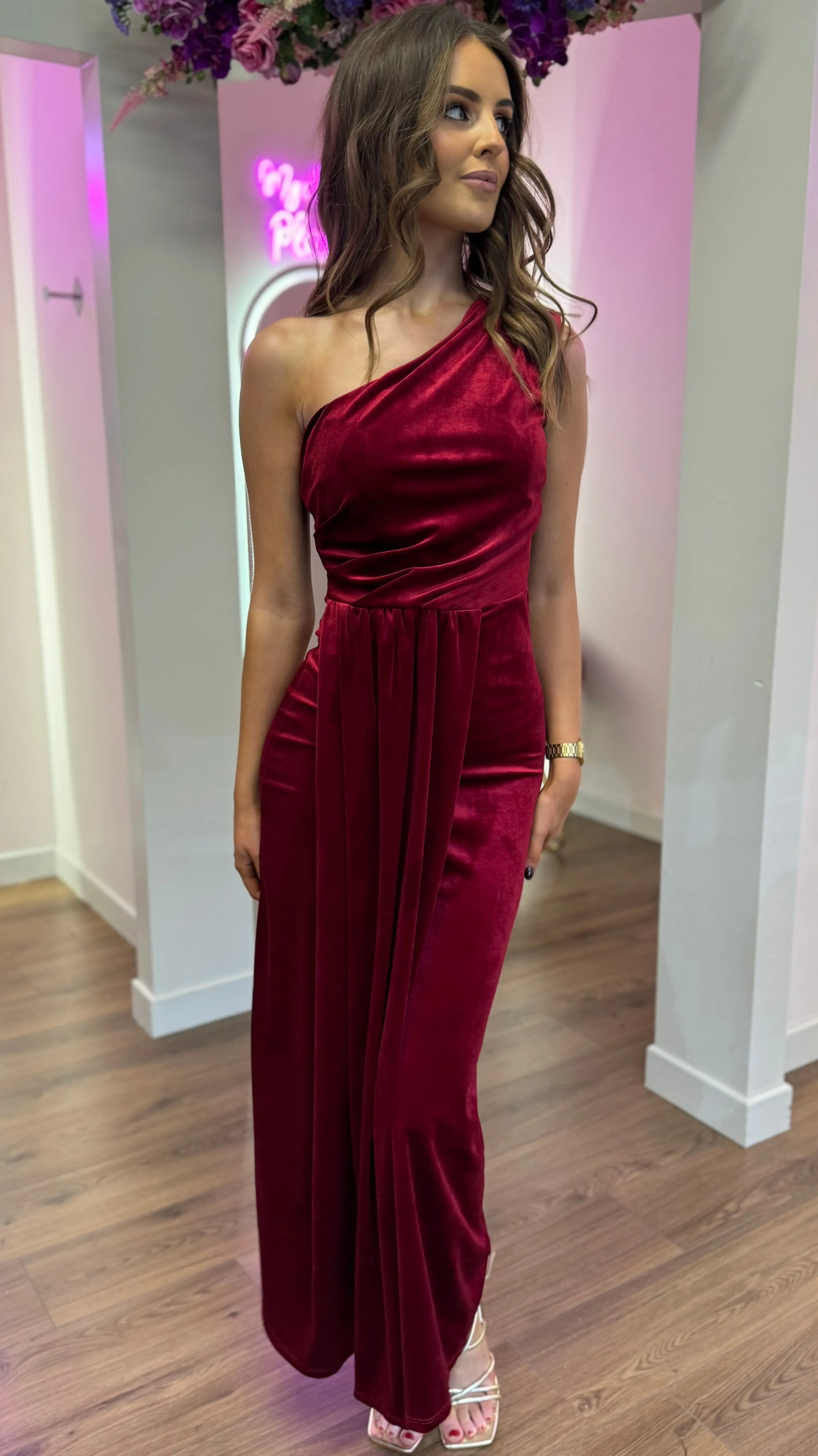 Isabella Dark Red One Shoulder Velvet Finish Midi Dress