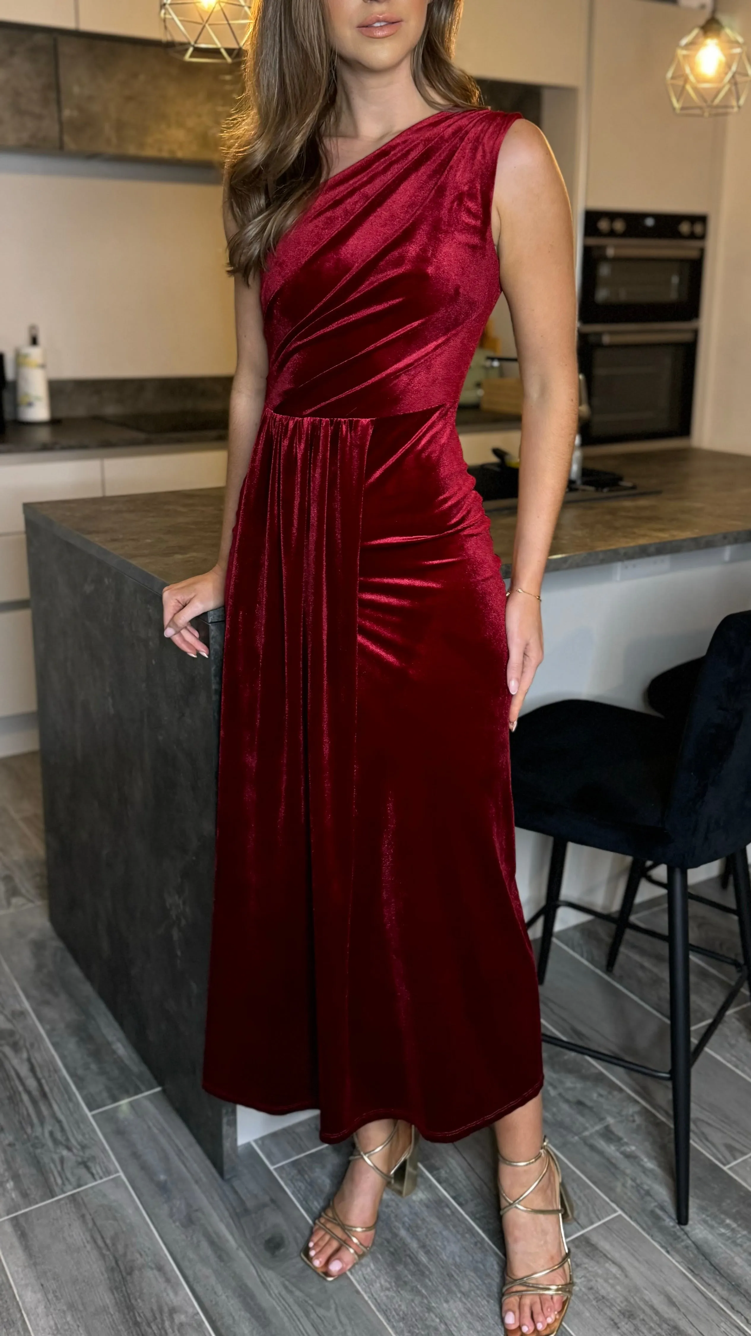 Isabella Dark Red One Shoulder Velvet Finish Midi Dress