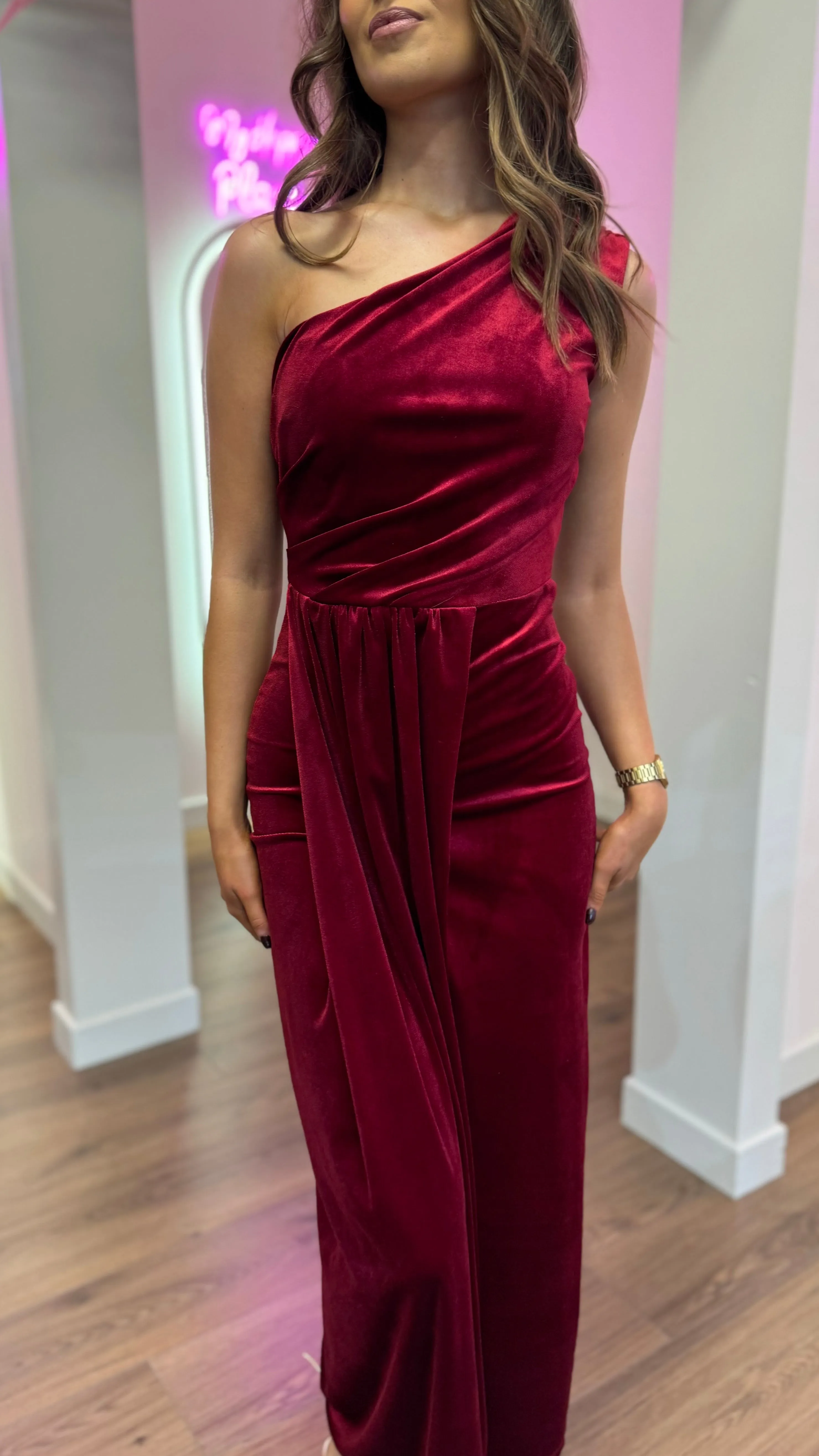 Isabella Dark Red One Shoulder Velvet Finish Midi Dress