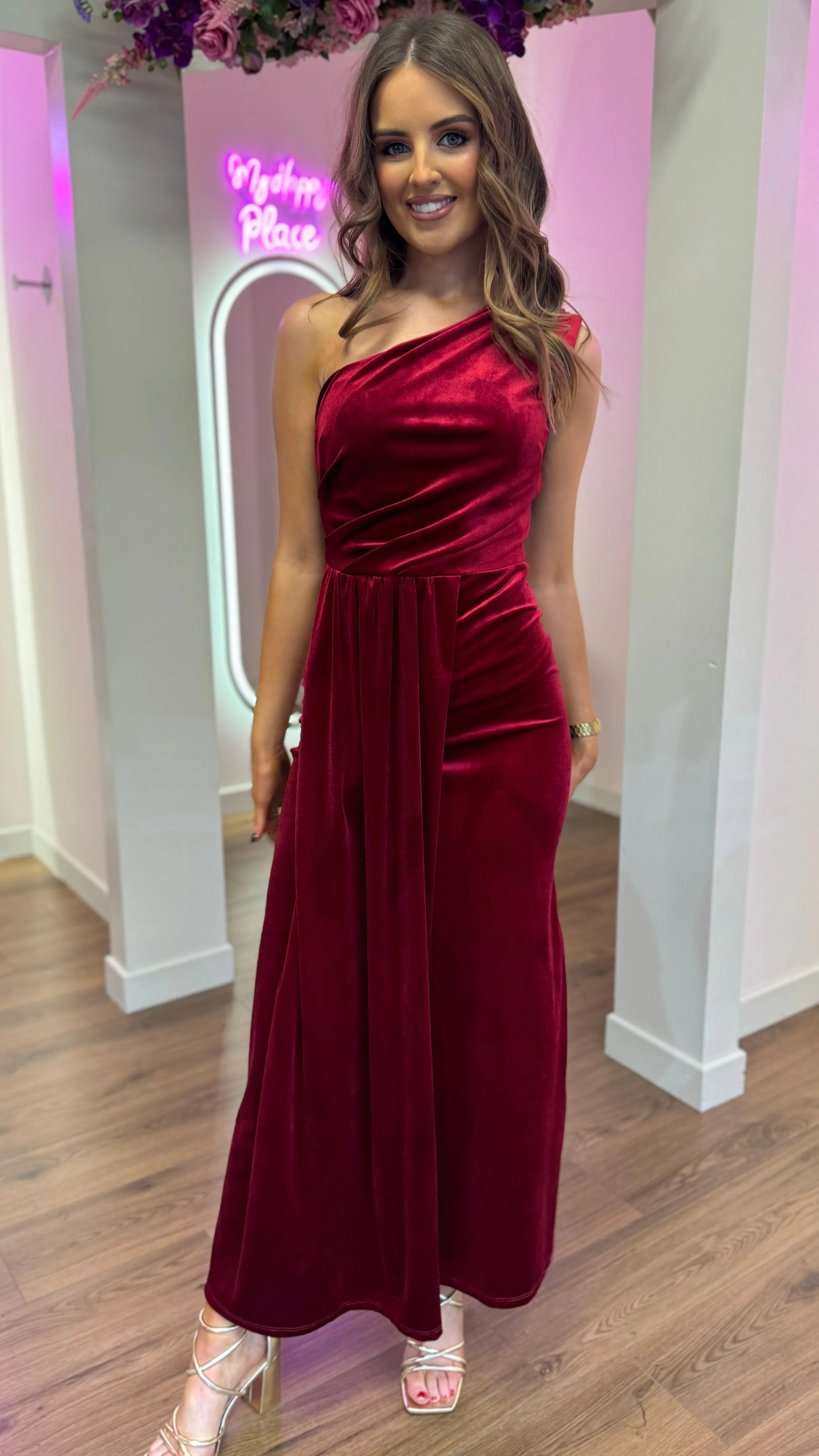 Isabella Dark Red One Shoulder Velvet Finish Midi Dress