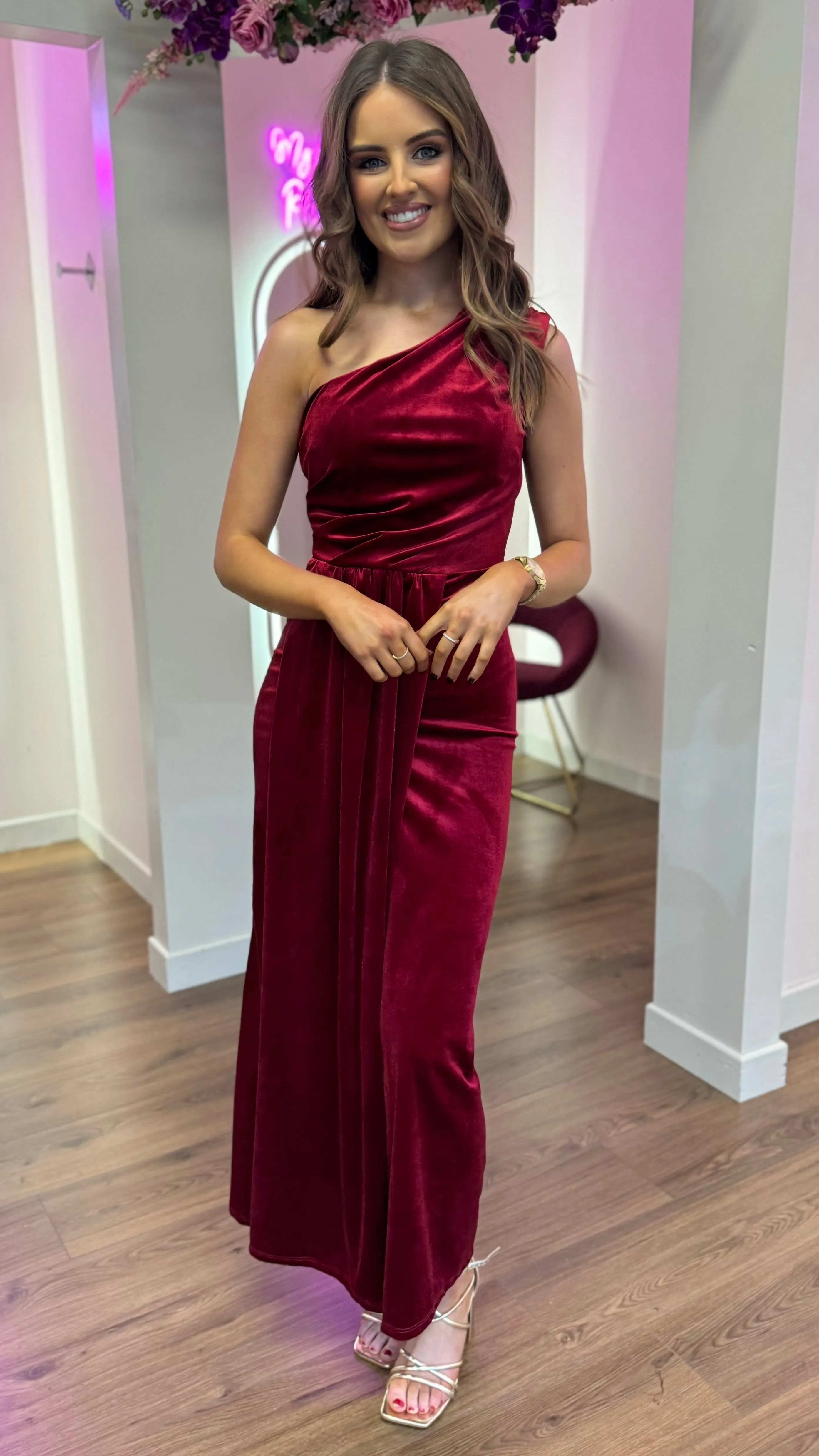 Isabella Dark Red One Shoulder Velvet Finish Midi Dress