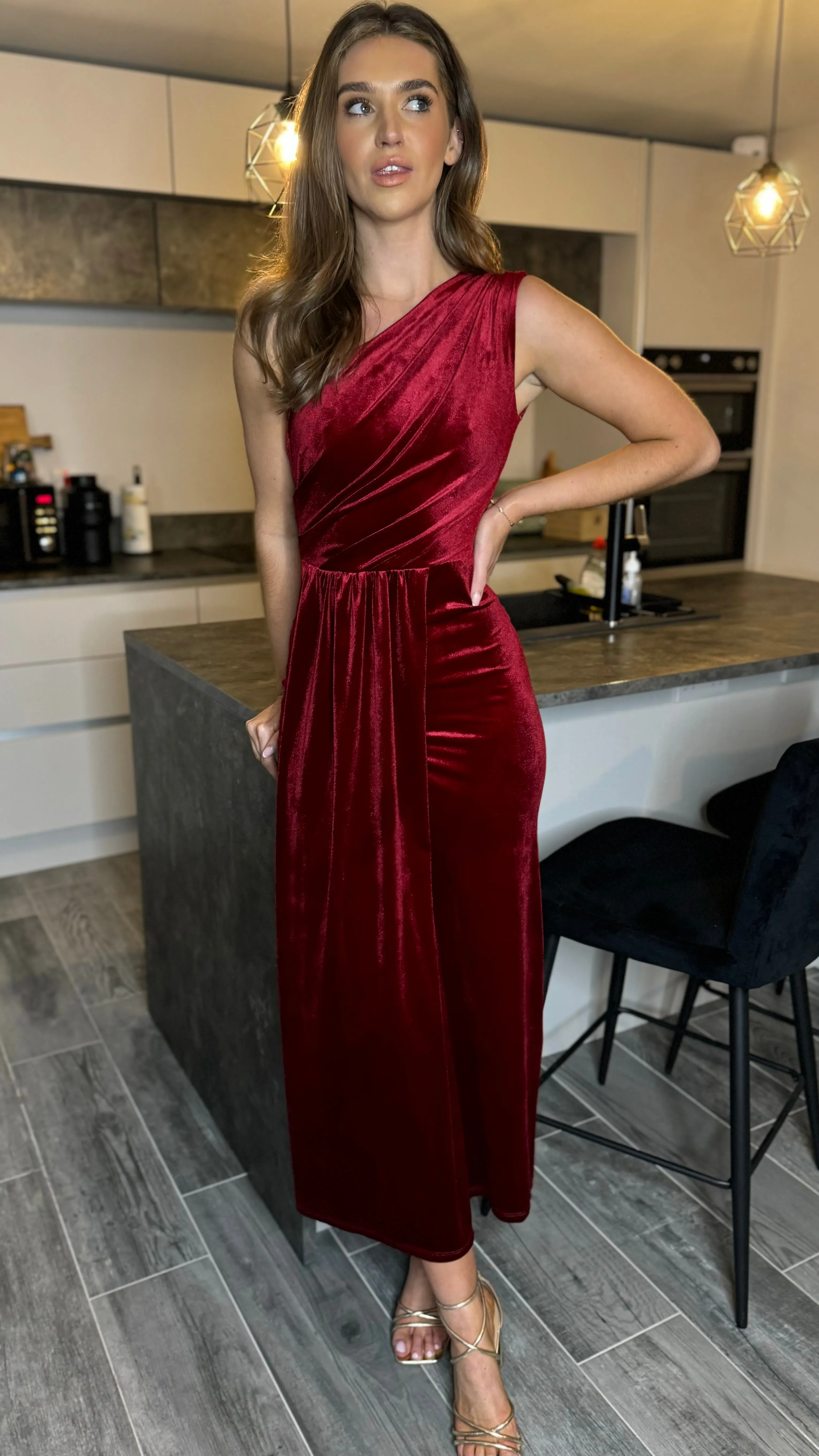 Isabella Dark Red One Shoulder Velvet Finish Midi Dress