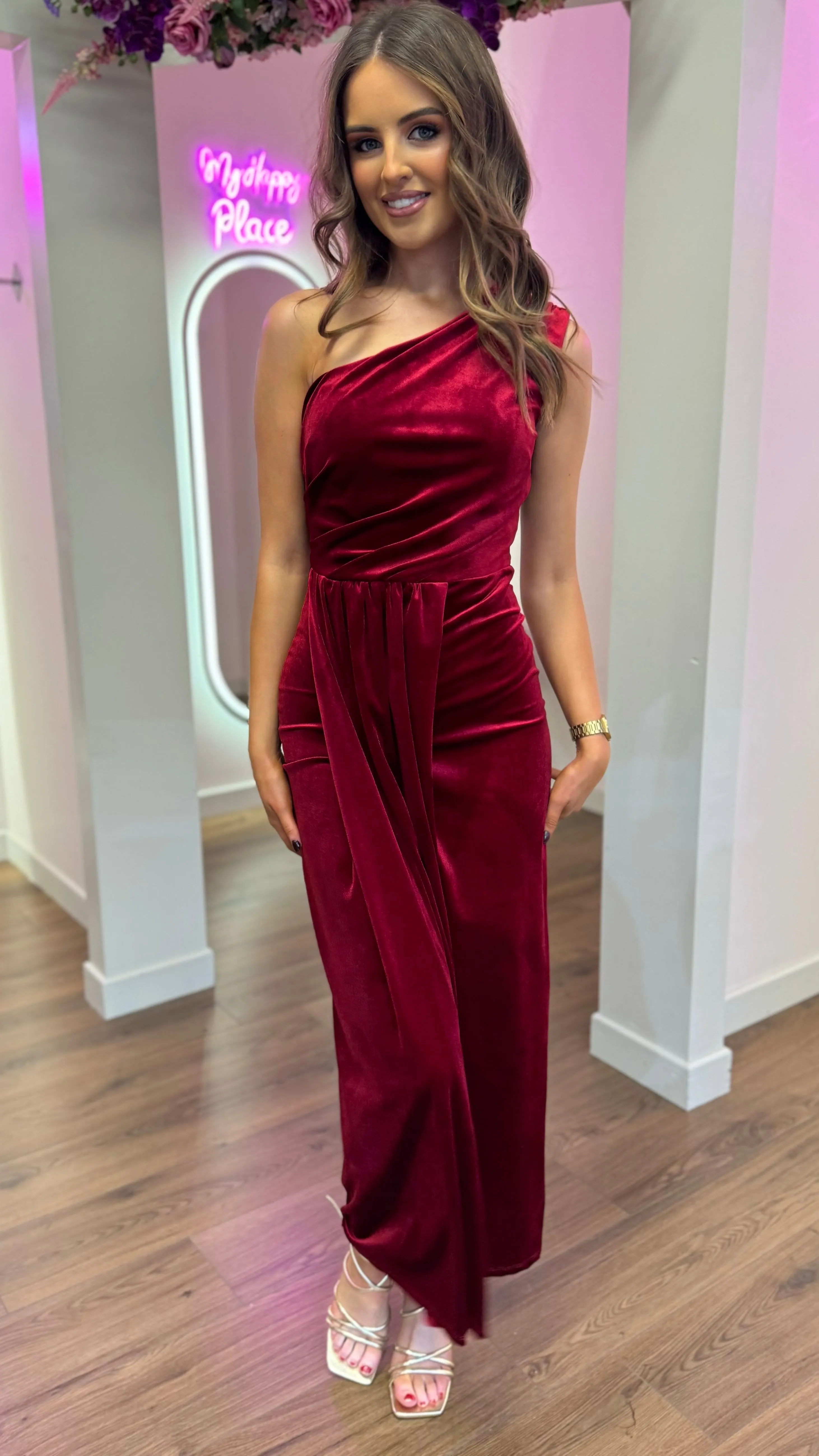 Isabella Dark Red One Shoulder Velvet Finish Midi Dress