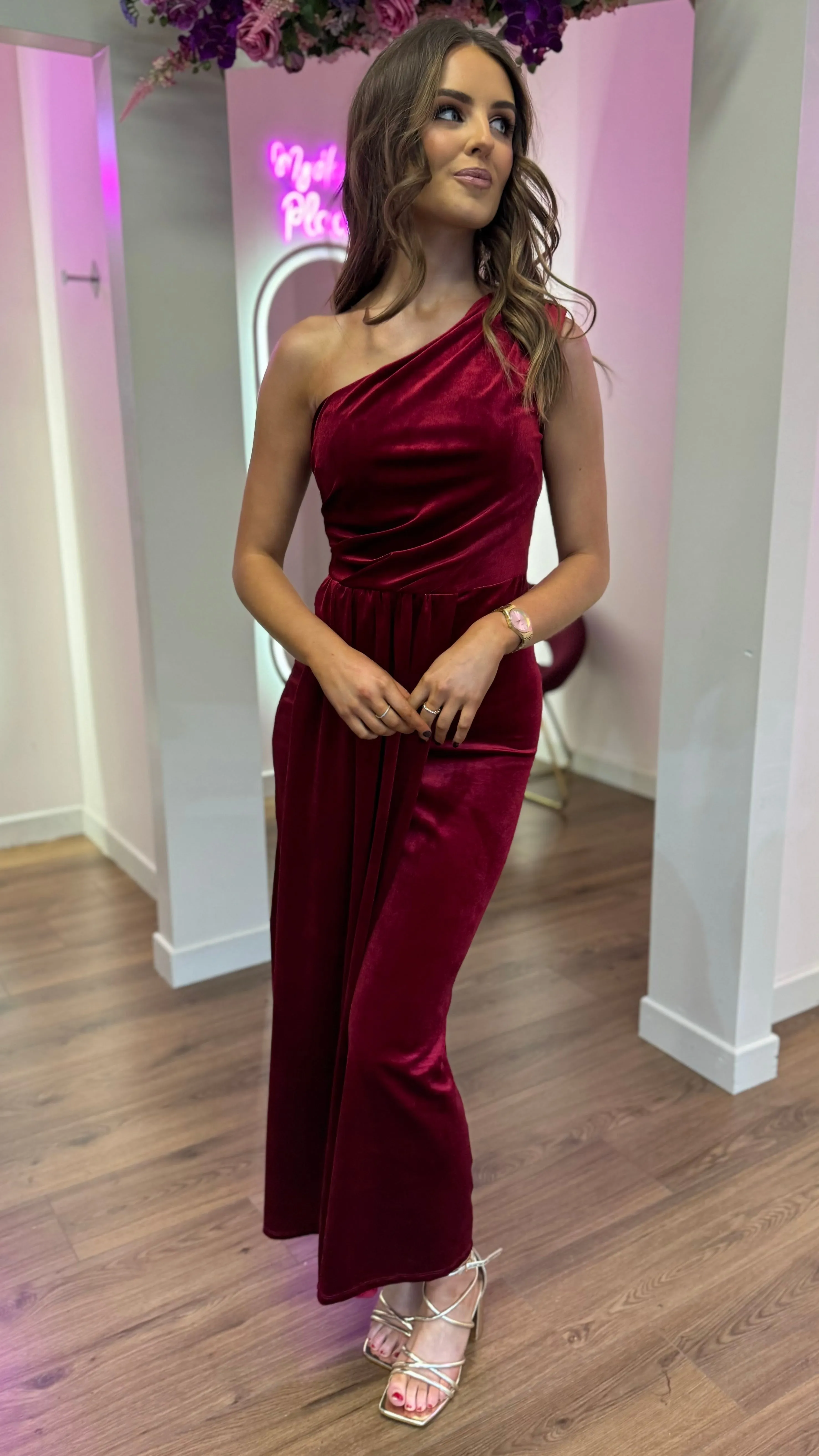 Isabella Dark Red One Shoulder Velvet Finish Midi Dress