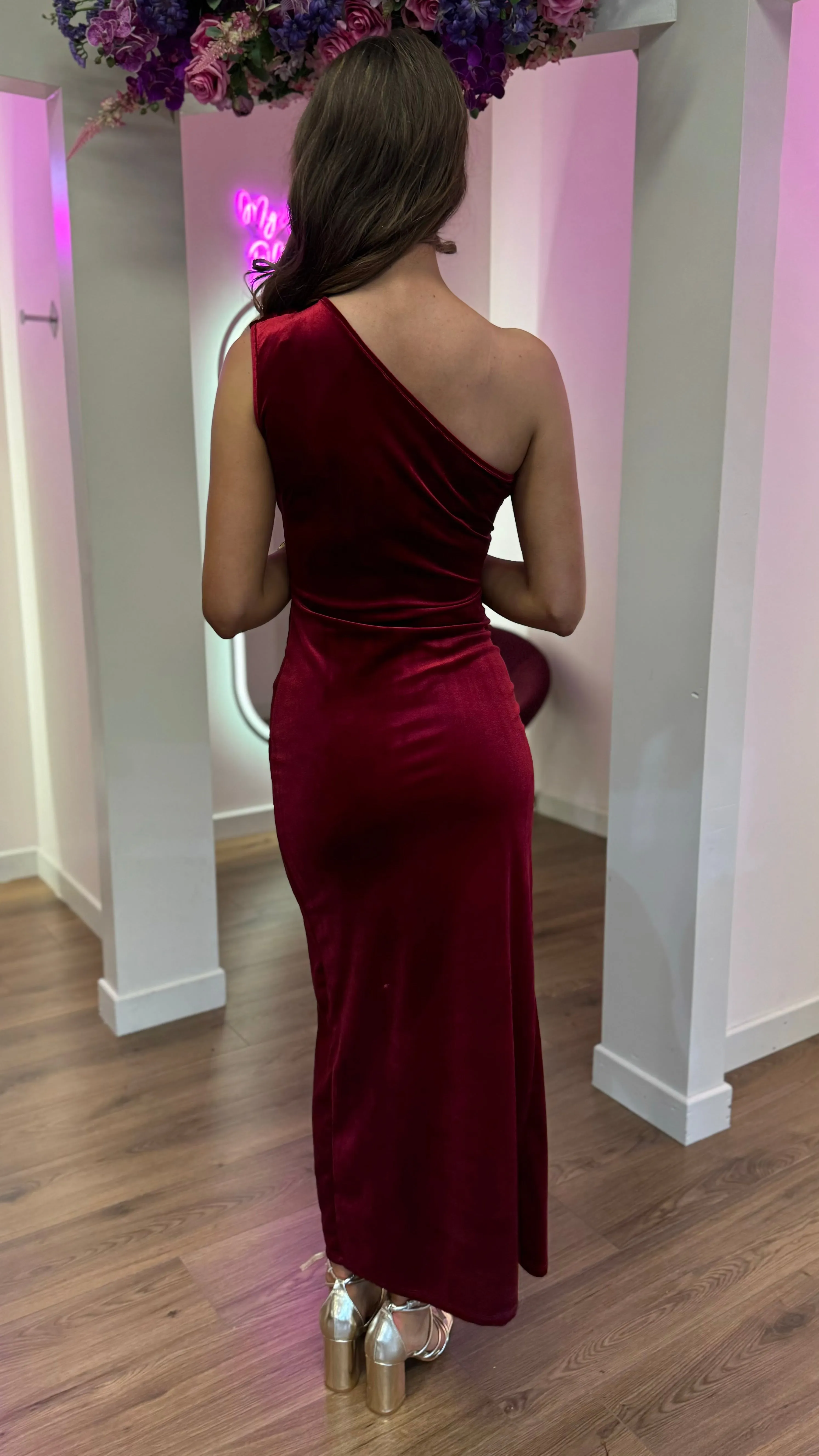Isabella Dark Red One Shoulder Velvet Finish Midi Dress