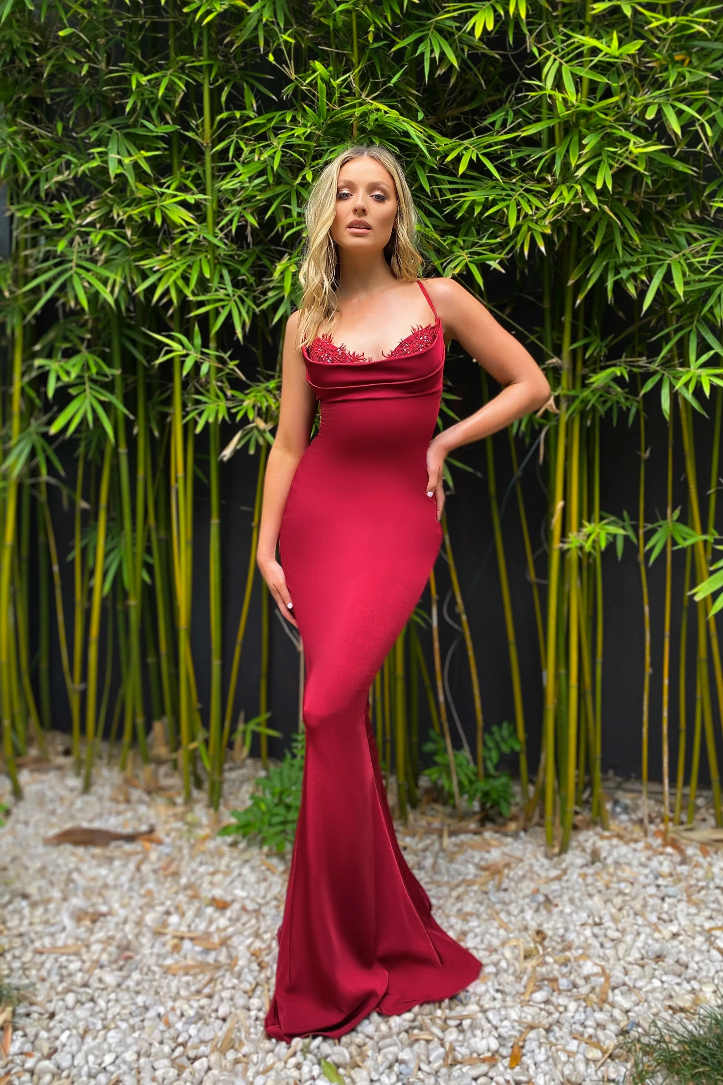 Jadore - JX5027 - Elegant Satin Fitted Gown with Lace Bustier