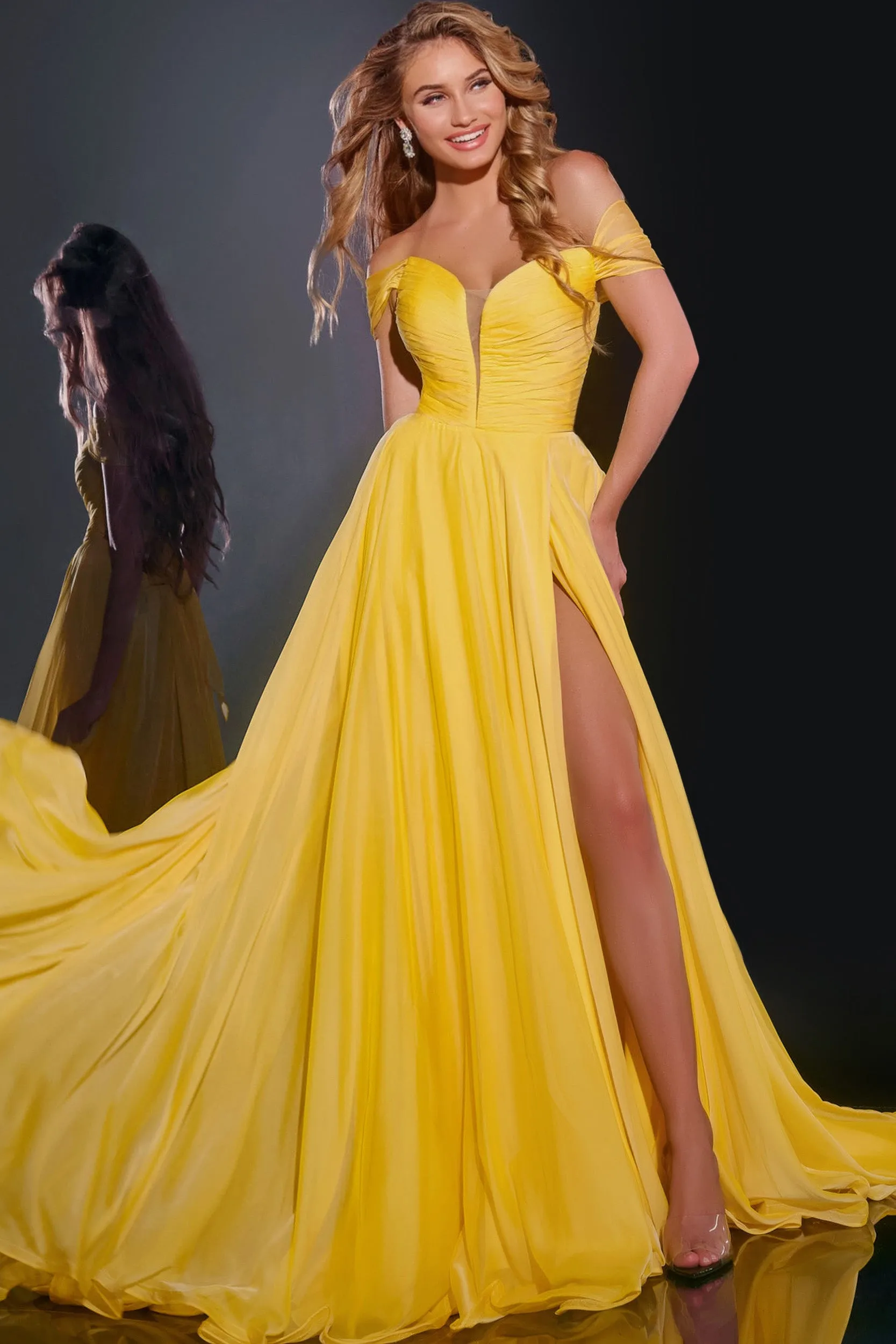 Jovani 43842 Size 4 Yellow Long Maxi Slit A Line Backless Prom Dress Corset Chiffon off the shoulder Formal Gown