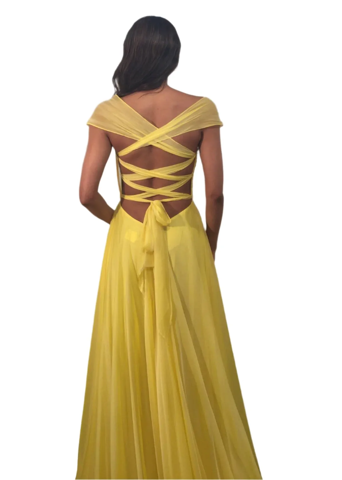 Jovani 43842 Size 4 Yellow Long Maxi Slit A Line Backless Prom Dress Corset Chiffon off the shoulder Formal Gown