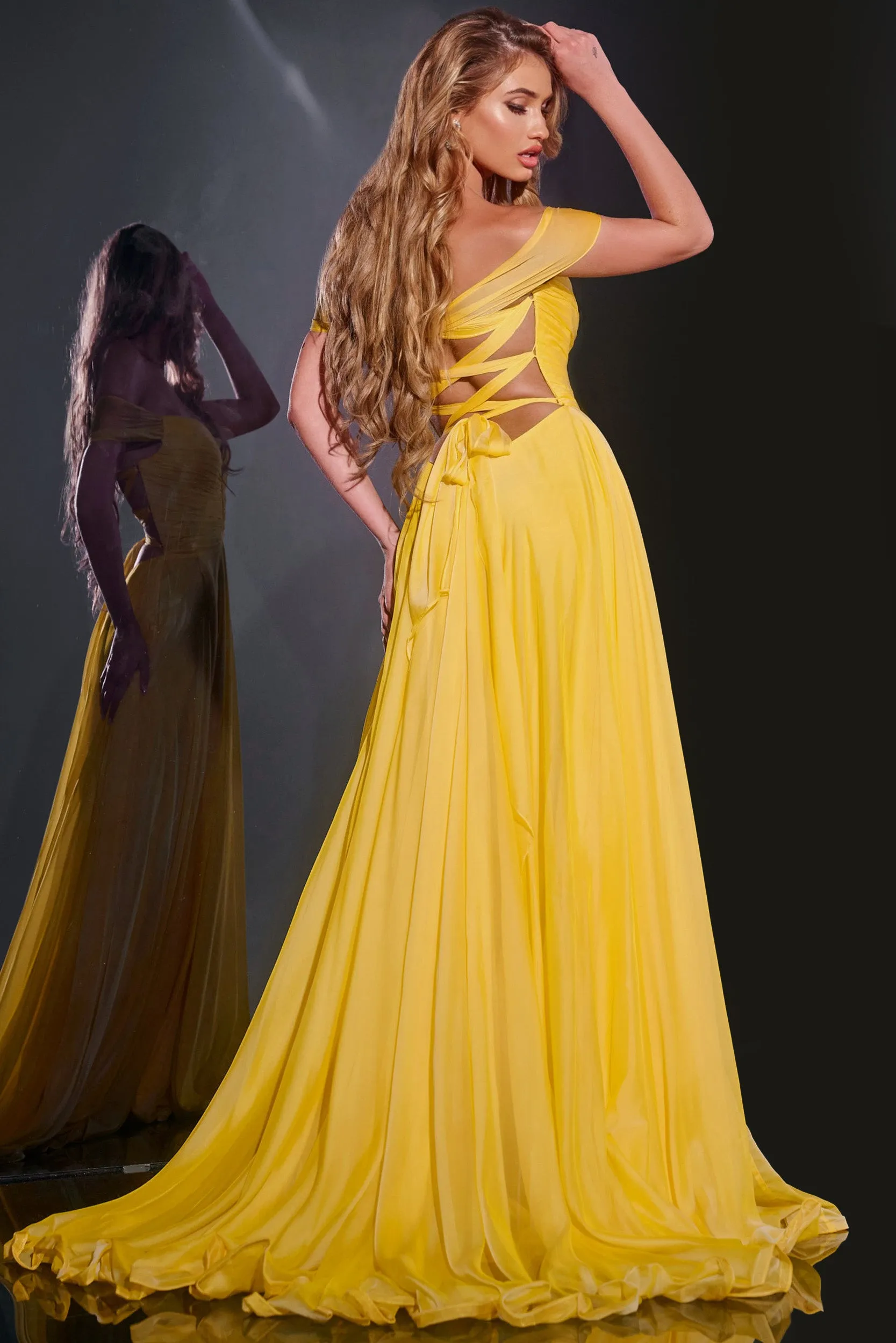 Jovani 43842 Size 4 Yellow Long Maxi Slit A Line Backless Prom Dress Corset Chiffon off the shoulder Formal Gown