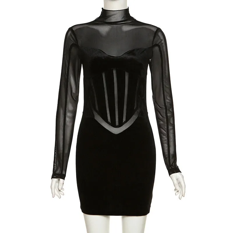 Ladies classy Long Sleeve Party Mesh velvet black Mini Dress