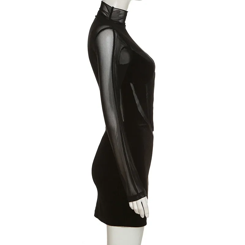 Ladies classy Long Sleeve Party Mesh velvet black Mini Dress