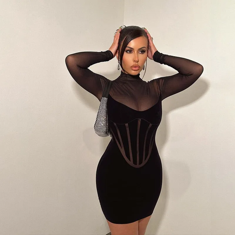 Ladies classy Long Sleeve Party Mesh velvet black Mini Dress