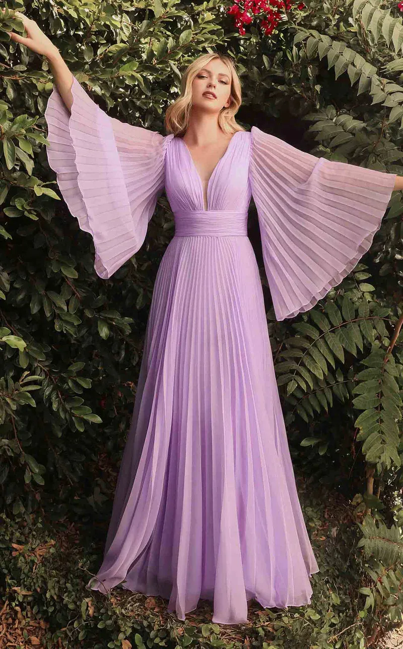 Ladivine CD242 Size 14 Rose Gold Long Formal Dress Pleated Chiffon A Line Bell Sleeve V Neck Bridesmaid Gown
