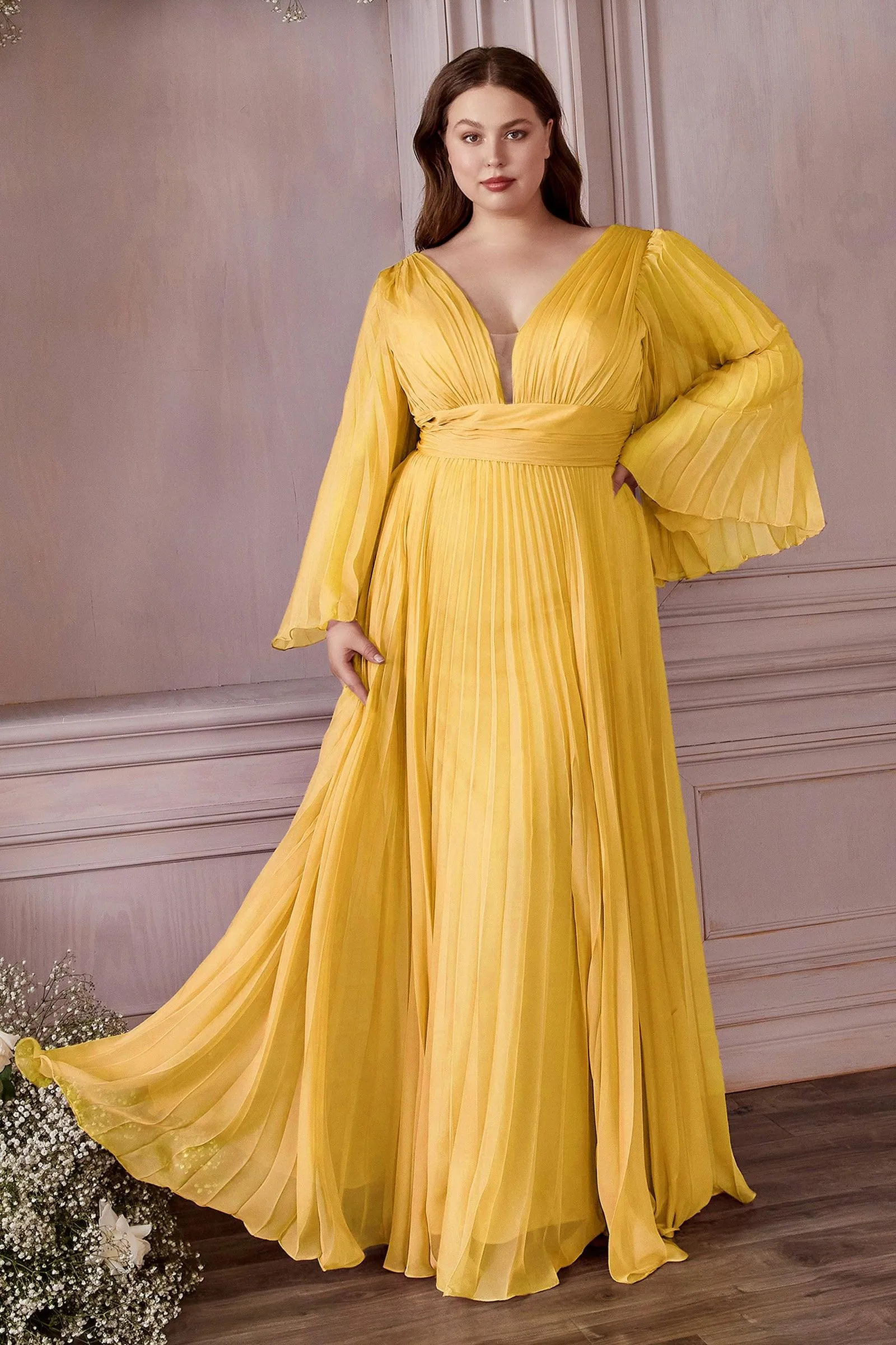Ladivine CD242 Size 14 Rose Gold Long Formal Dress Pleated Chiffon A Line Bell Sleeve V Neck Bridesmaid Gown
