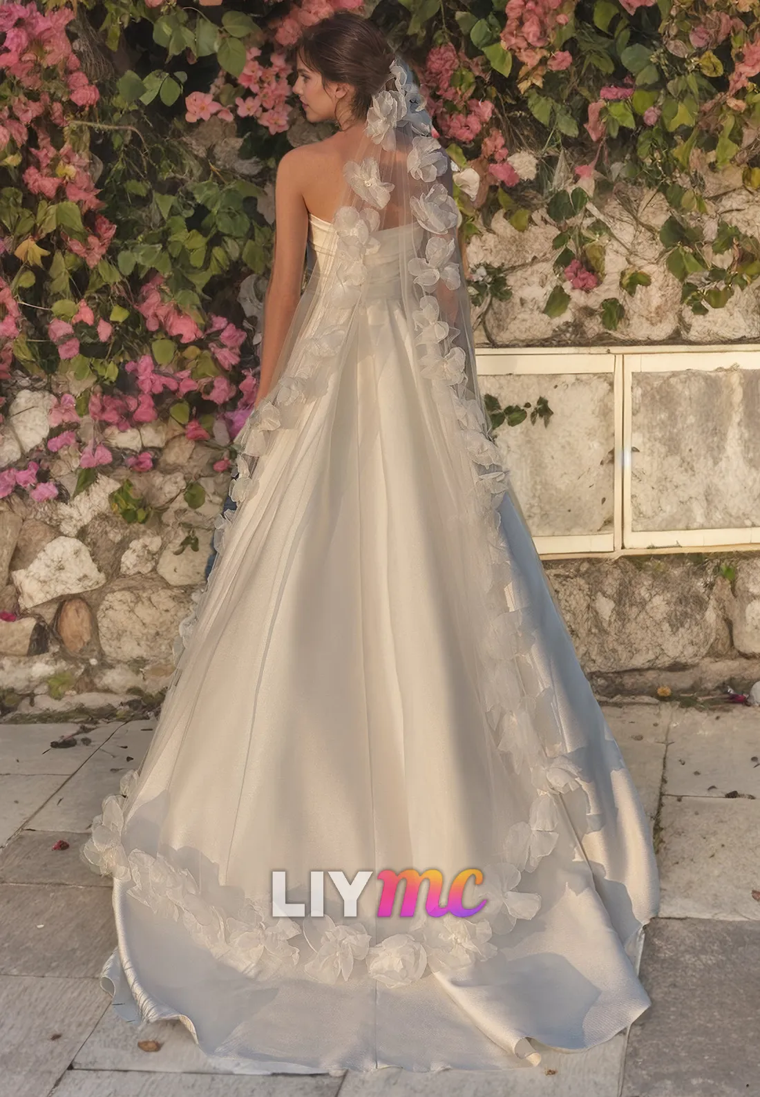 LW083 - Sheath/Column Strapless Ruched Satin Long Wedding Dress With Train