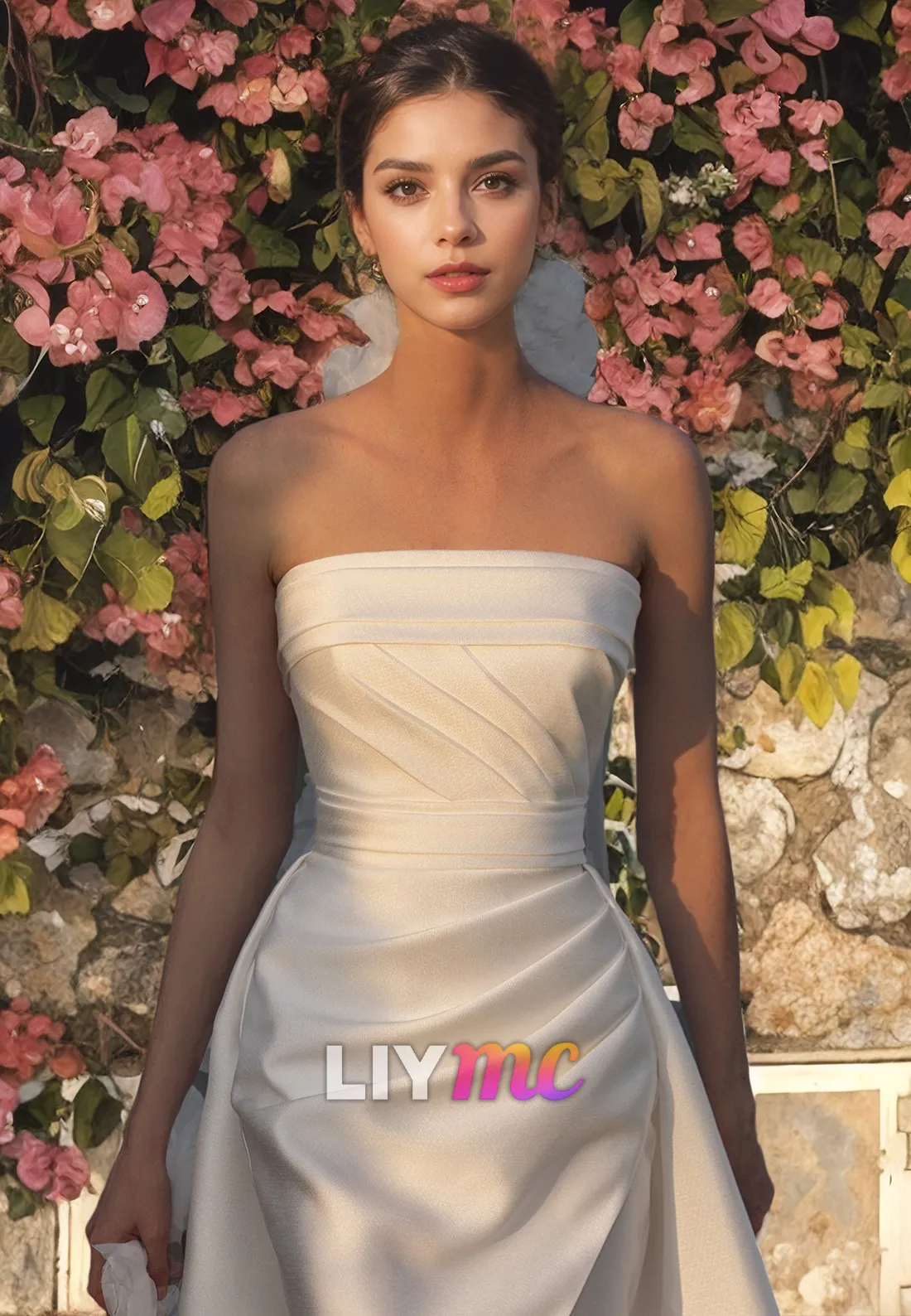 LW083 - Sheath/Column Strapless Ruched Satin Long Wedding Dress With Train