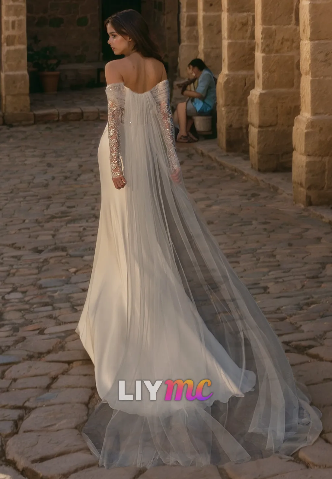 LW091 - Mermaid/Trumpet Off Shoulder Long Sleeves Lace Satin Long Wedding Dress
