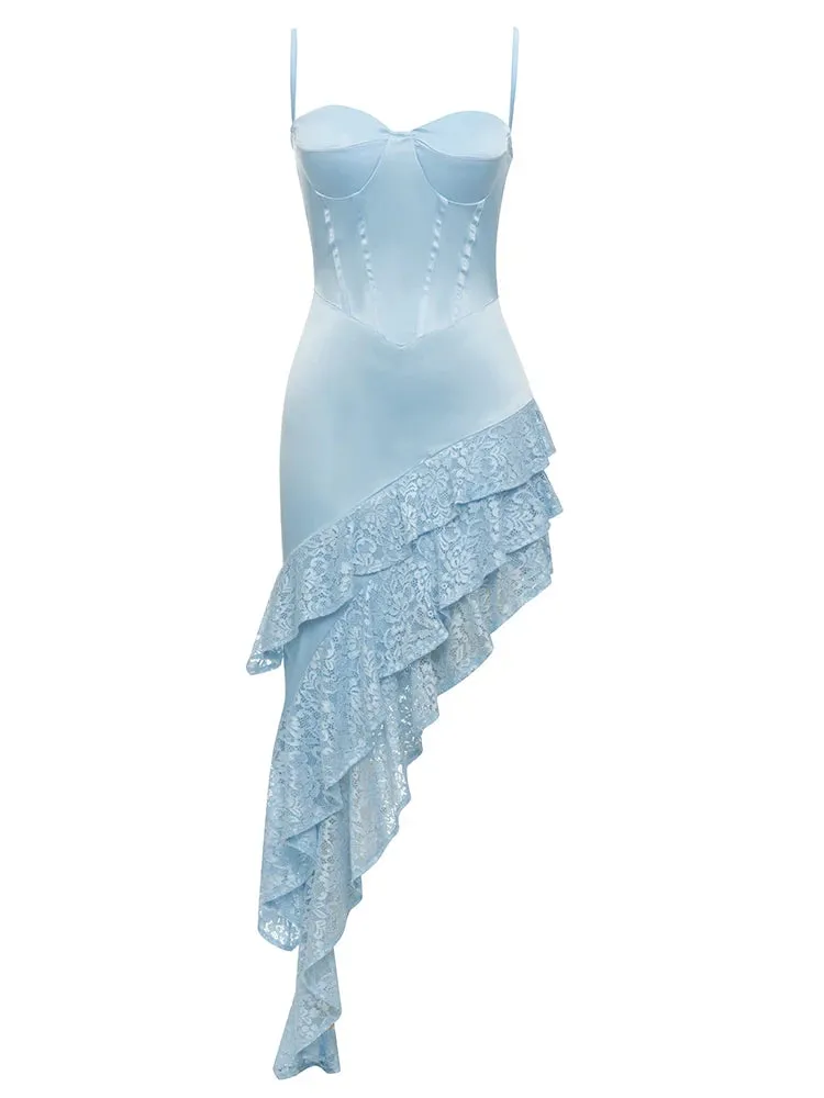 Nadia Satin Lace Asymmetric Ruffle Midi Dress