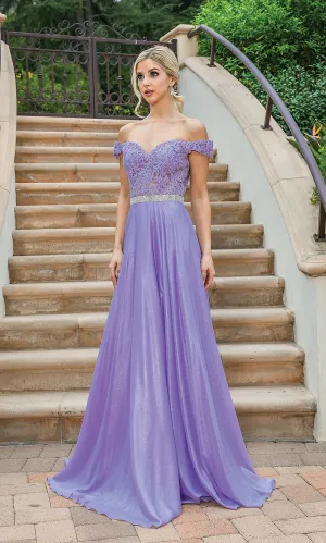 Off-the-Shoulder Long Metallic A-Line Prom Dress