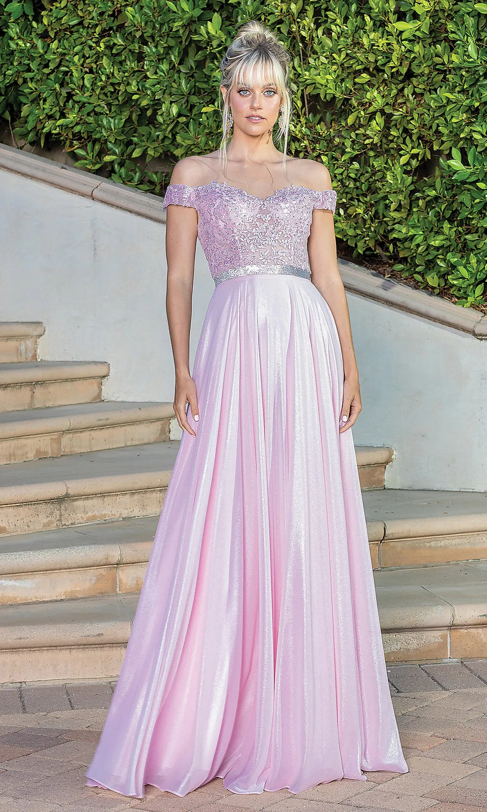 Off-the-Shoulder Long Metallic A-Line Prom Dress