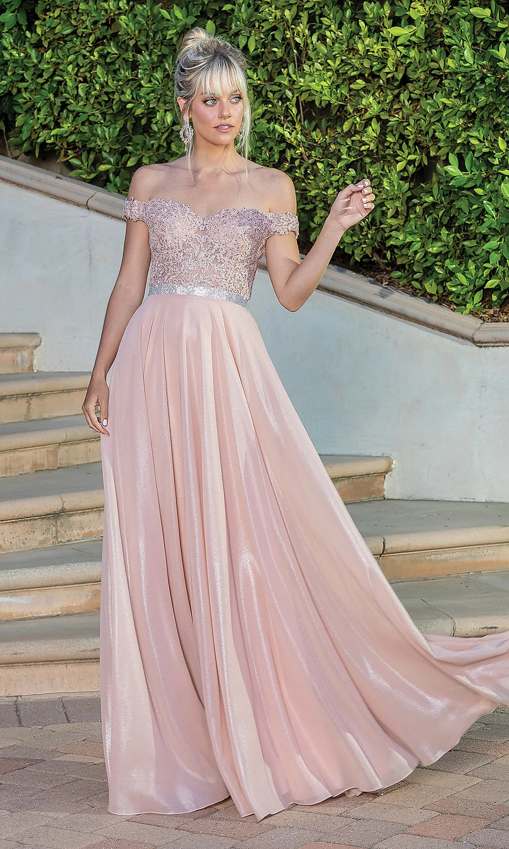 Off-the-Shoulder Long Metallic A-Line Prom Dress