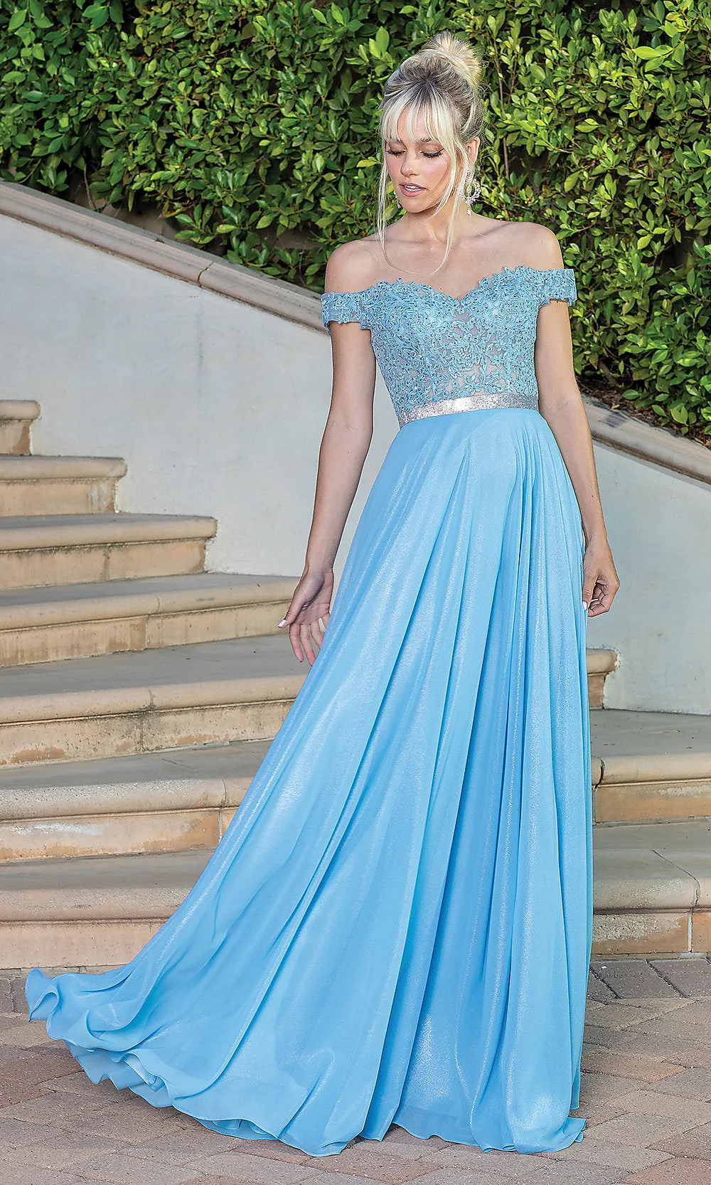 Off-the-Shoulder Long Metallic A-Line Prom Dress