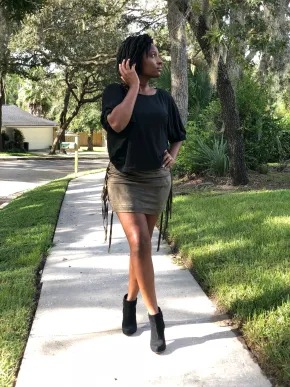 Olive Fringe Mini Skirt