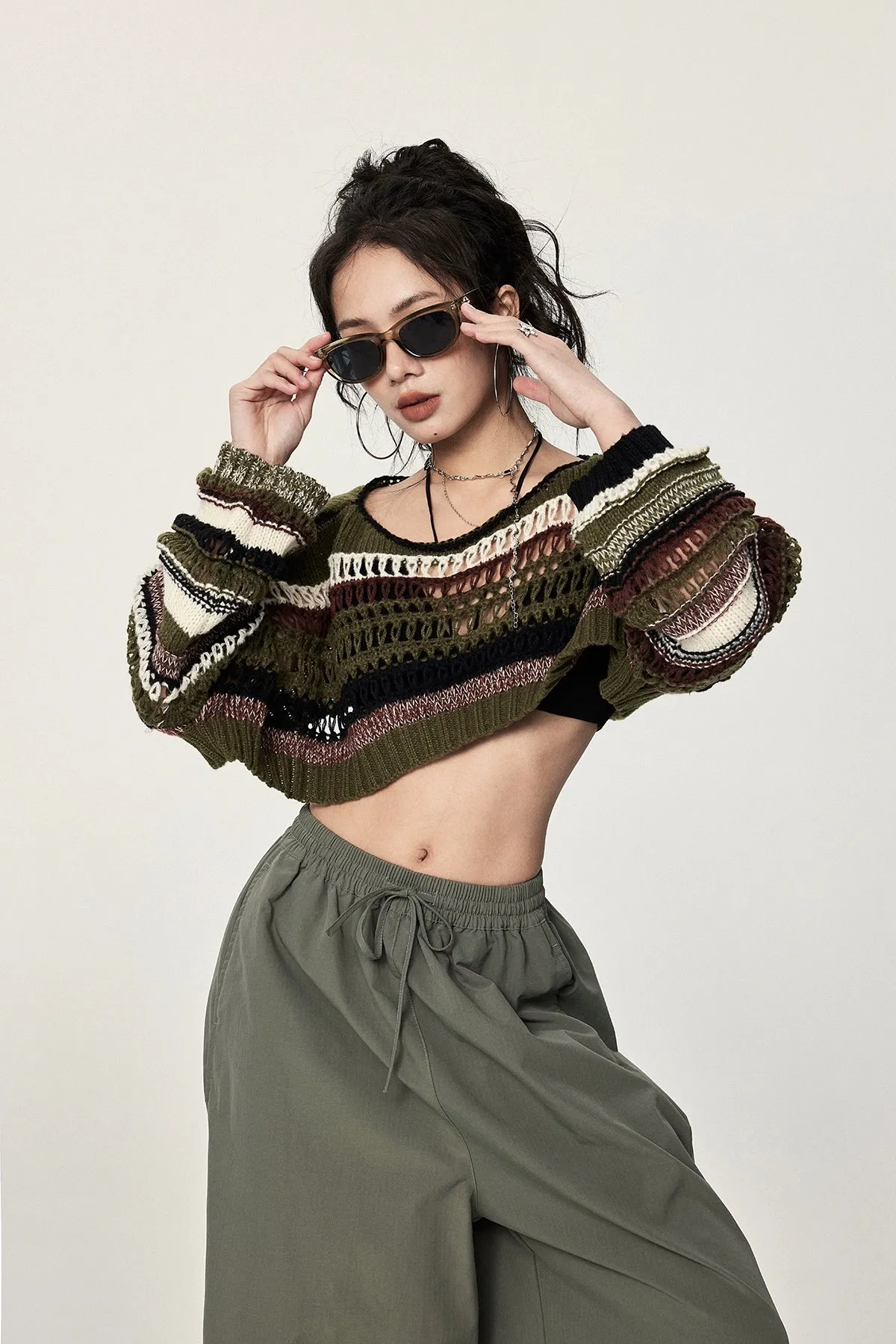 Oversized Striped Crochet Knit Sweater