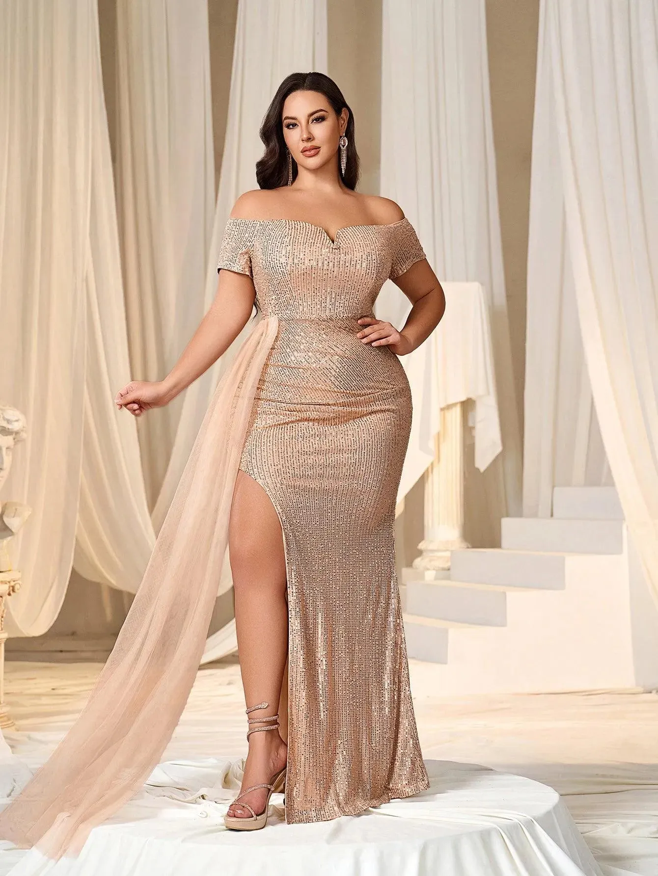 Plus Off Shoulder Sweetheart Neck Split Thigh Sequin Party Dress