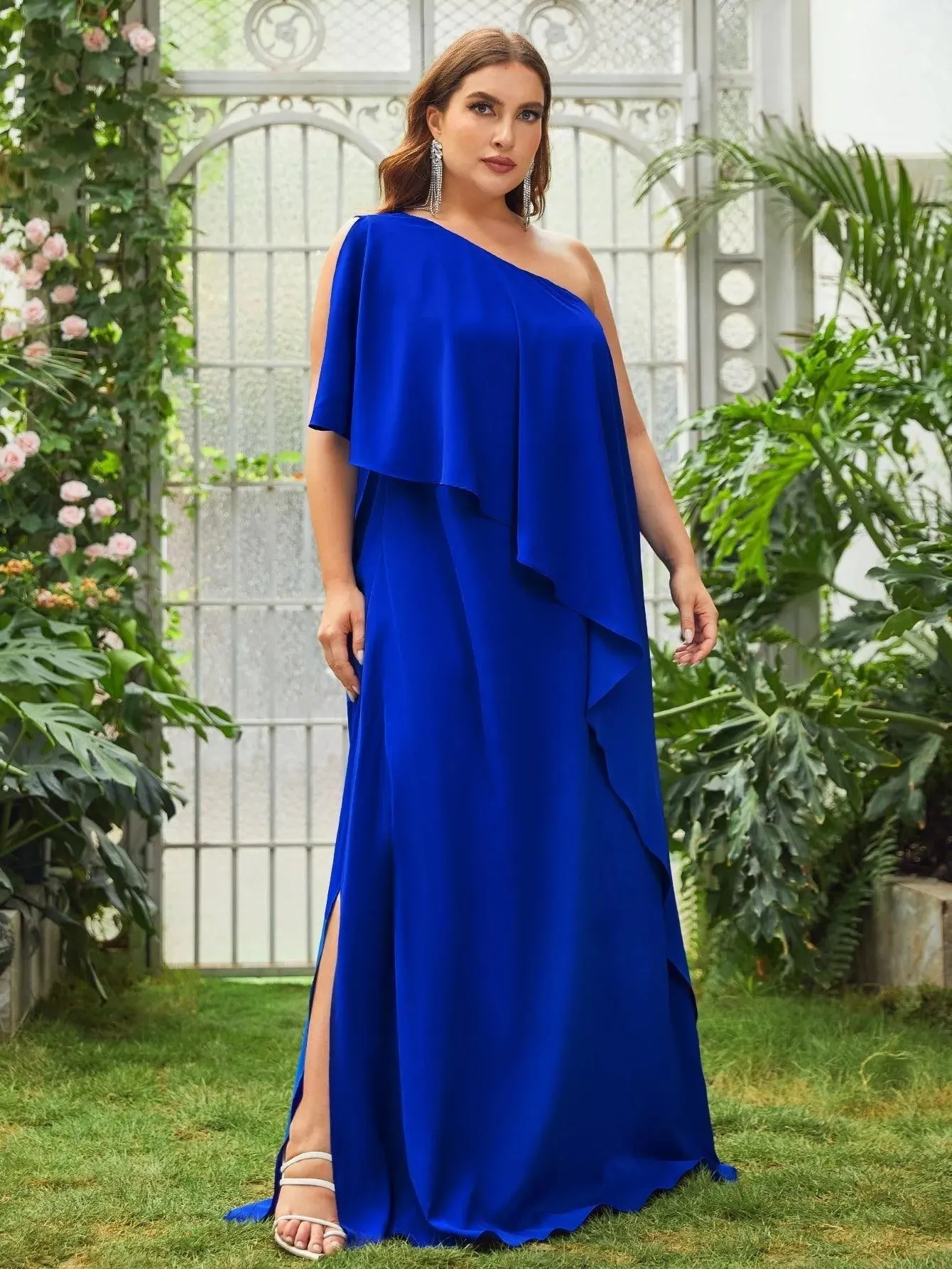 Plus One Shoulder Ruffle Trim Chiffon Dress