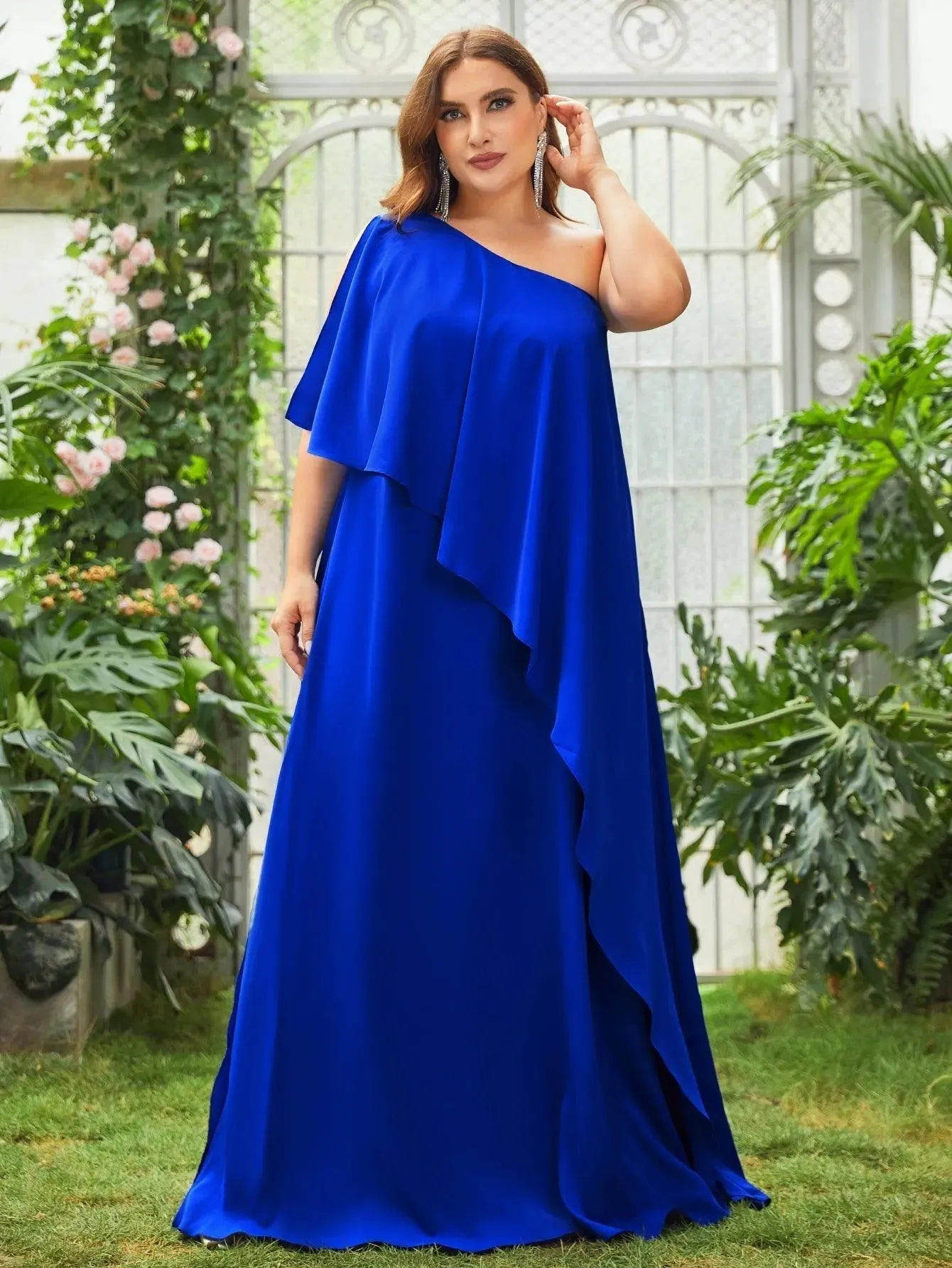 Plus One Shoulder Ruffle Trim Chiffon Dress
