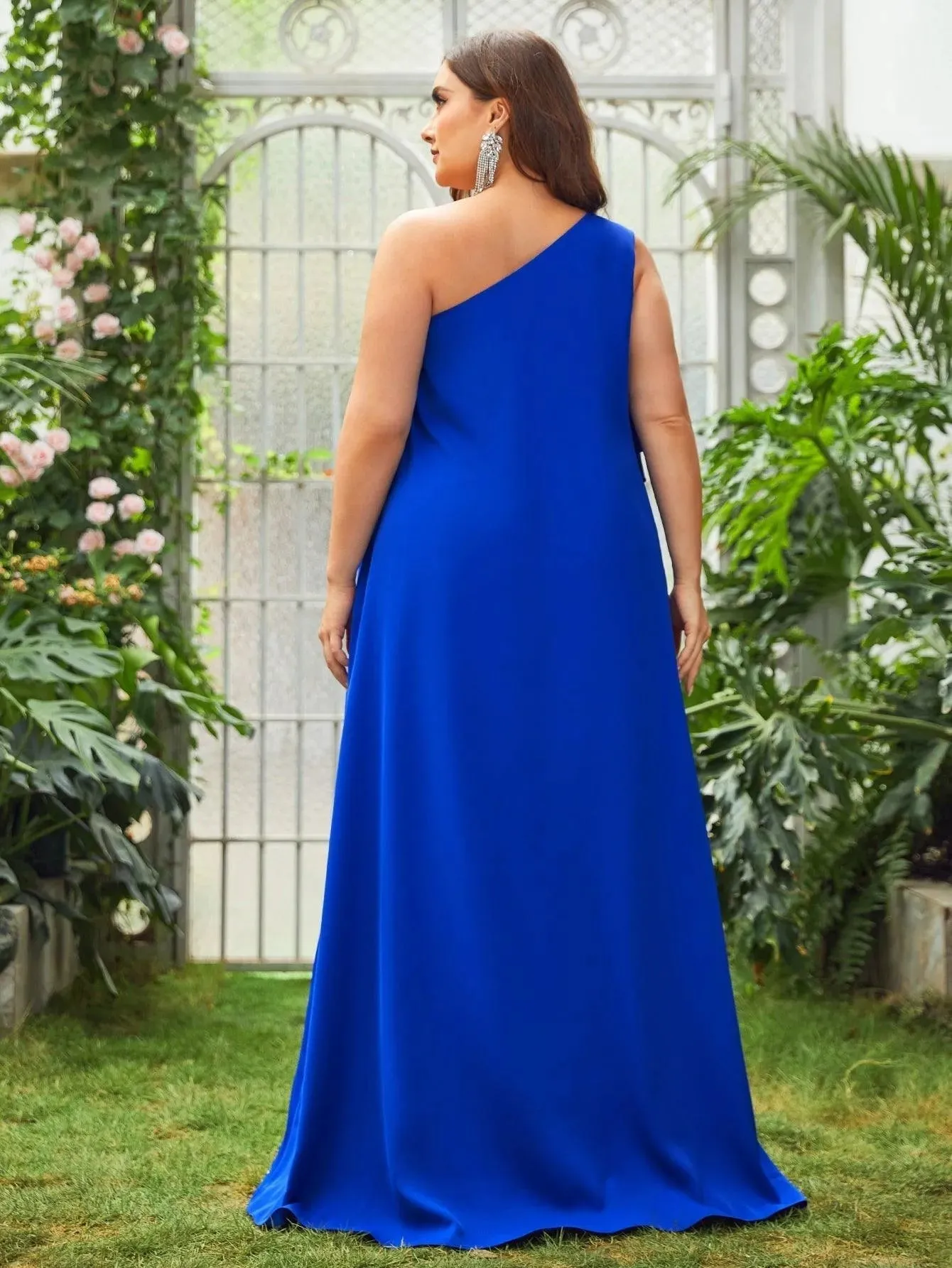 Plus One Shoulder Ruffle Trim Chiffon Dress