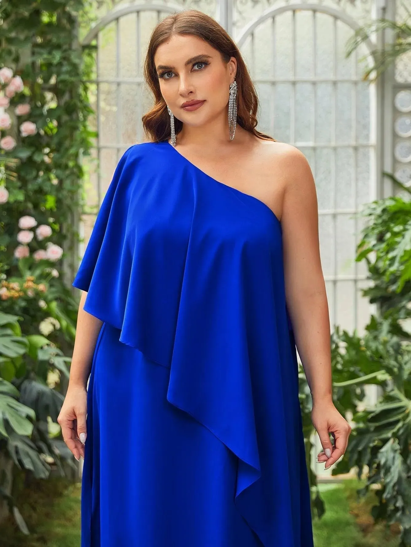 Plus One Shoulder Ruffle Trim Chiffon Dress