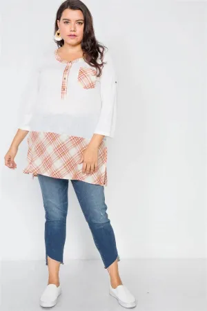 Plus Size White Plaid Combo Long Sleeve Shirt