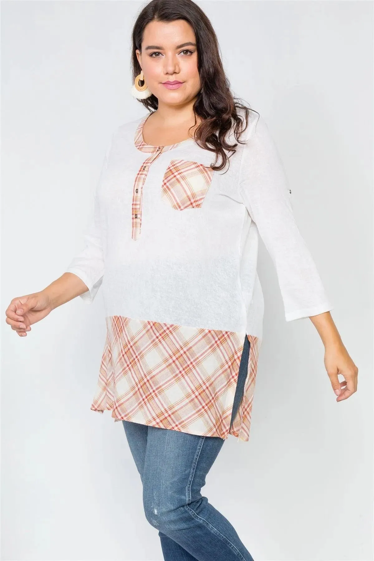 Plus Size White Plaid Combo Long Sleeve Shirt