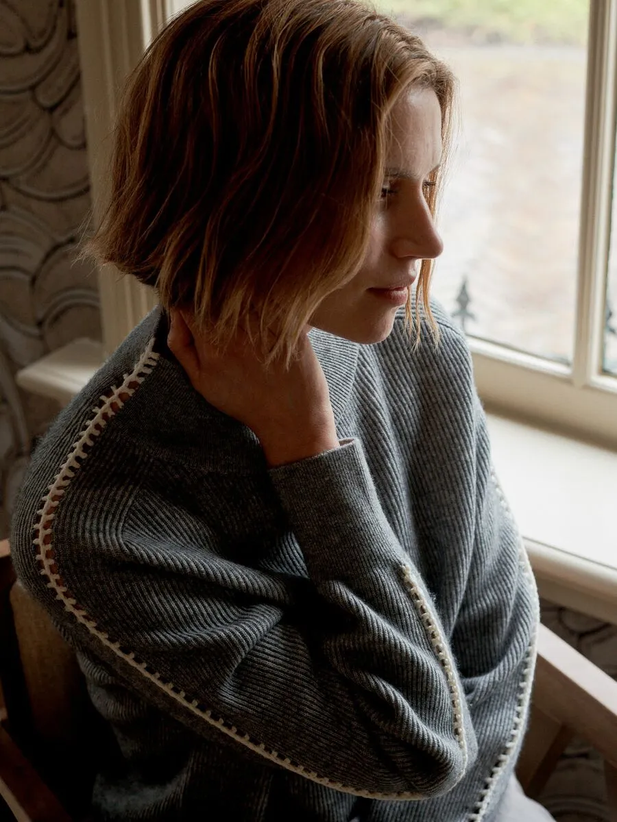 Repeat Cashmere Rib Knit Sweater with Crochet Details on Sleeves in Light Grey
