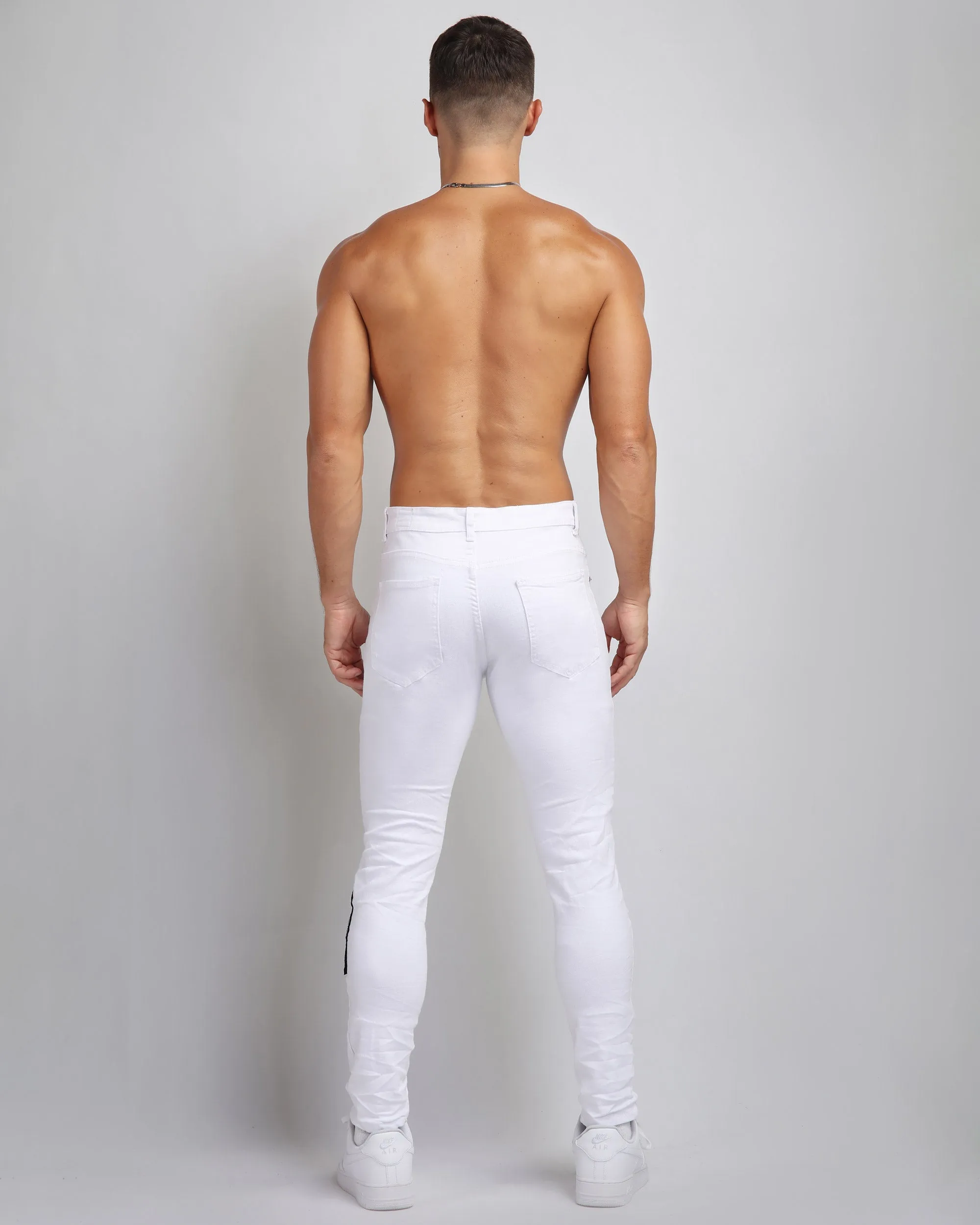 Ripped White Jeans with Leopard-Print & Pink Check Patches-Mexico Local Delivery
