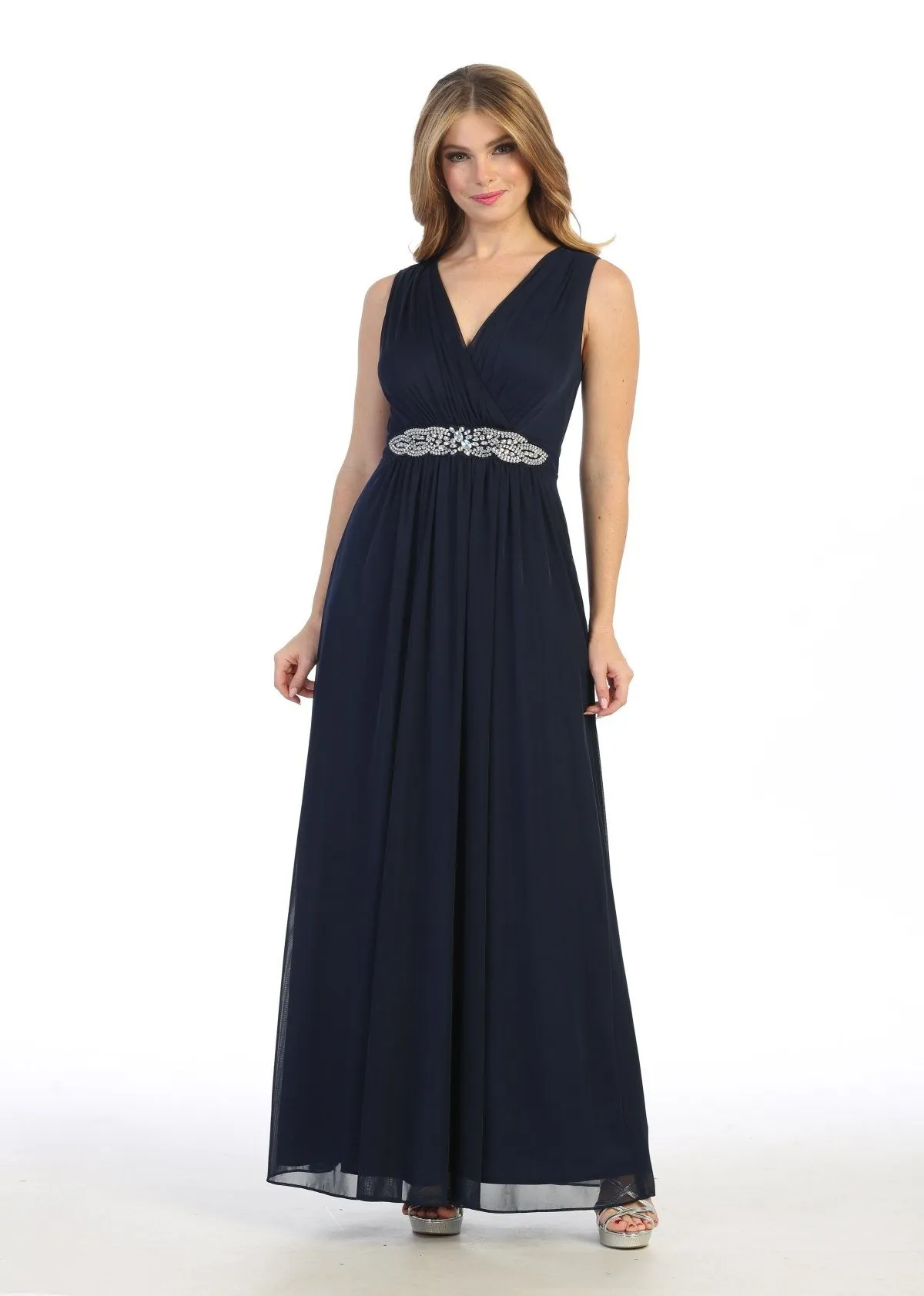 Ruched Long A-line Sleeveless Chiffon Dress by Celavie 6474