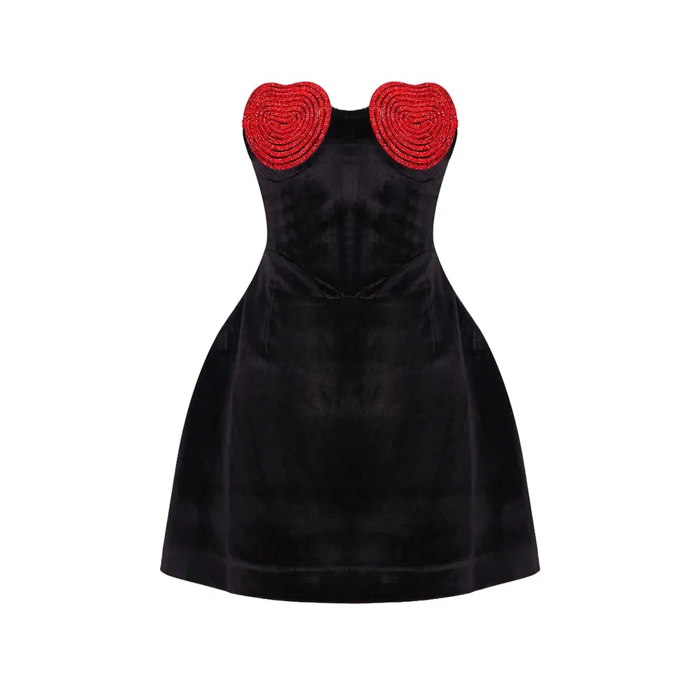 Trend4us Luxe Beaded Heart Velvet Strapless Dress