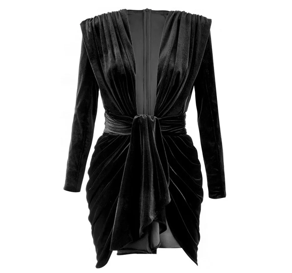 V-Neck Long Sleeved Pleated Velvet Dress