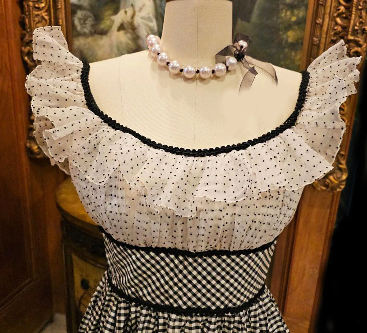 VINTAGE 1950s "GONE WITH THE WIND" BLACK & WHITE CHECK DOTTED SWISS RUFFLED LACE TAFFETA PROM DRESS FORMAL