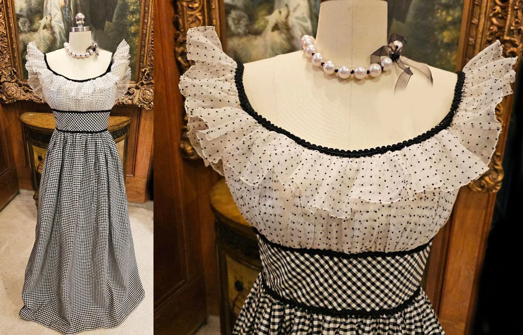 VINTAGE 1950s "GONE WITH THE WIND" BLACK & WHITE CHECK DOTTED SWISS RUFFLED LACE TAFFETA PROM DRESS FORMAL