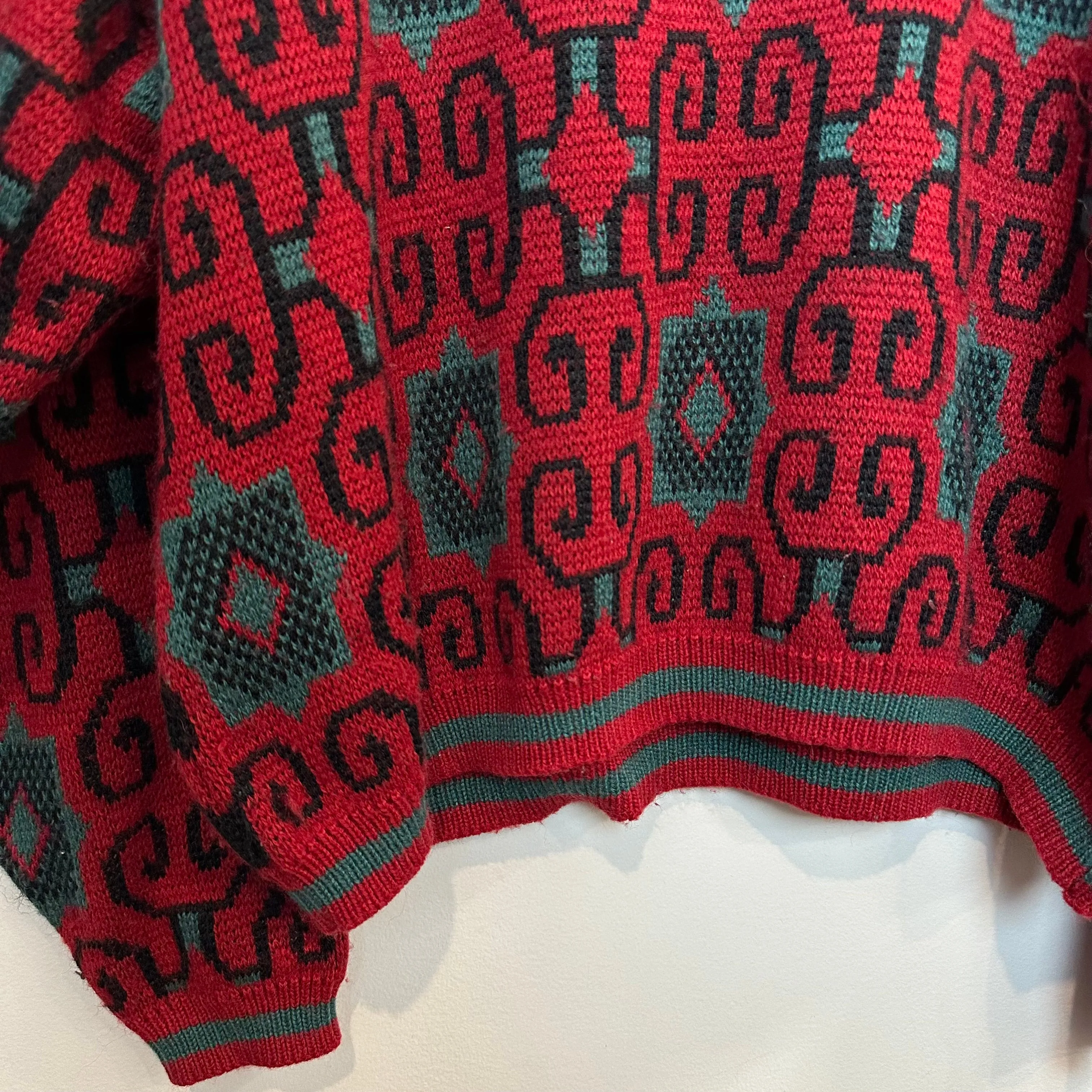 Vintage 80s Saturdays Generation Sweater Crewneck Pullover Red Green Geometric Medium